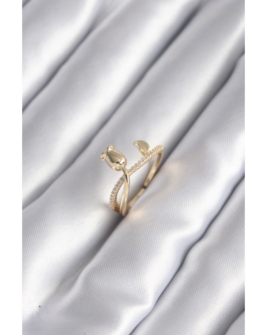 Pirinç Gold Renk Gül Model Zirkon Taş Detay Kadın Yüzük - TJ-BYK2972
