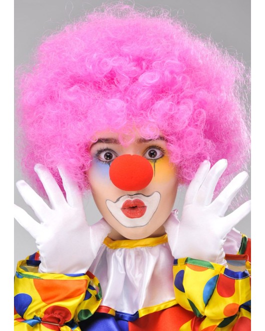 Pembe Renk Kıvırcık Afro Bonus Peruk Takma Saç ve Kırmızı Burun Seti